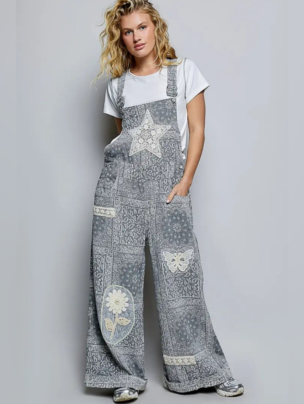 POL Gray Patchwork Star & Butterfly Wide-Leg Jeans Overalls NWOT